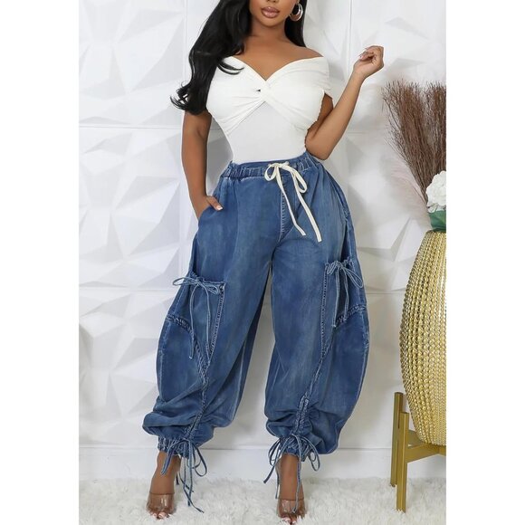 Women's Baggy Cargo Joggers Plus Size High Waisted Wide Leg Denim Pant - Picture 6 of 8